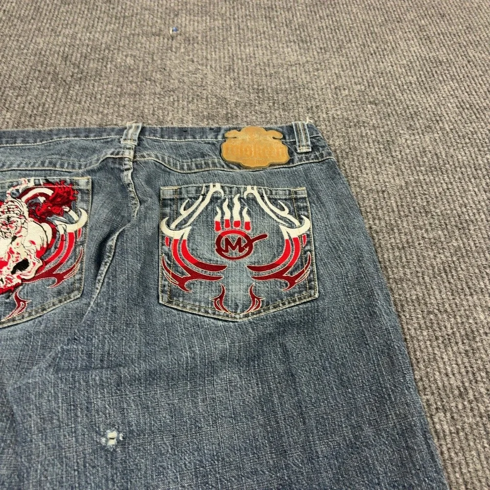 Vintage Miskeen Denim Shorts Men 38 Blue Cotton Baggy Embroidered Y2K Streetwear
